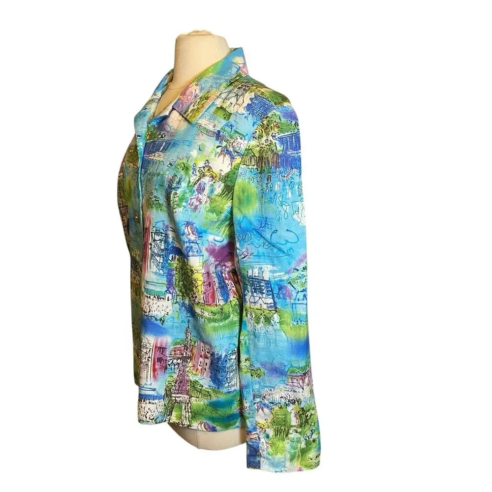 Coldwater Creek, Size Large, Colorful Paris Print Blazer, Linen Blend, Artsy - Picture 4 of 16